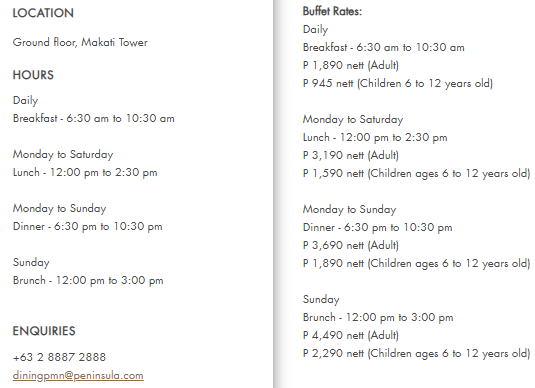 Escolta buffet Menu Philippines