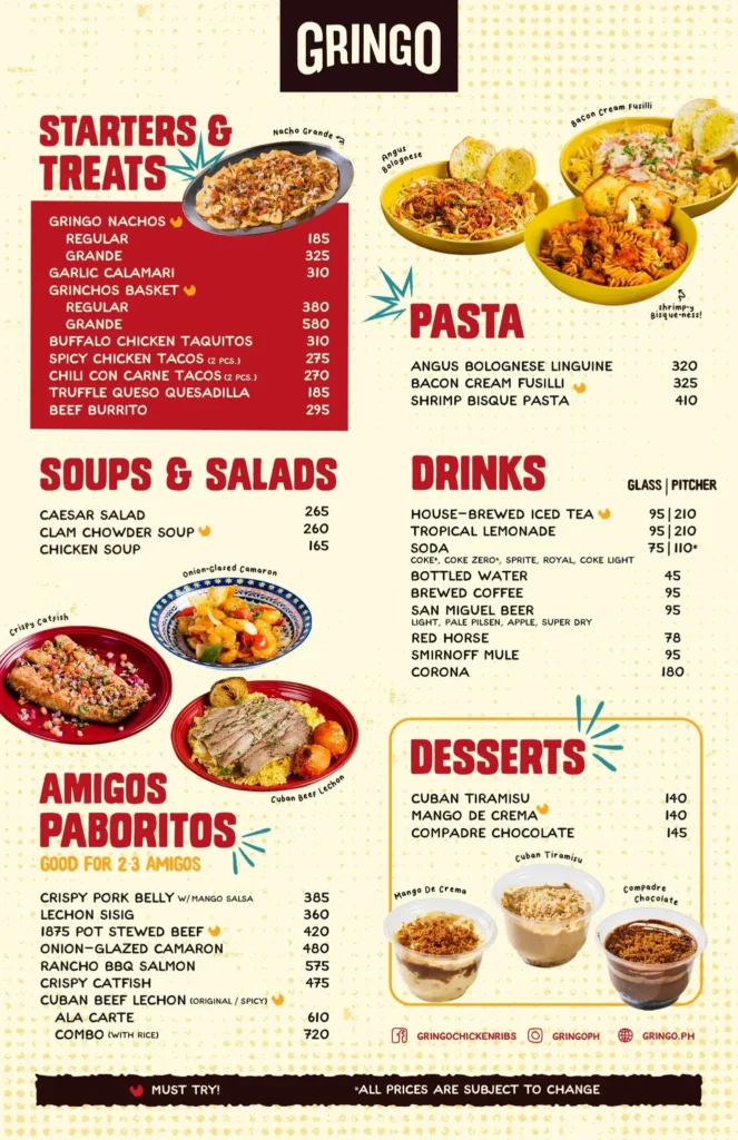 Soups & Salads, deserts and furthermore, a menu of gringo philippines resturant.