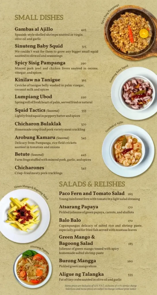 Abe philippines Small Dishes Menu with Prices