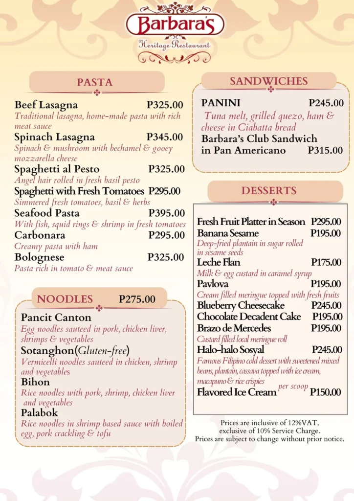 Barbara’s Menu Philippines