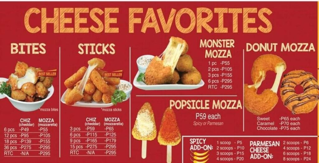 Chizmozza Mozzarella Sticks Menu