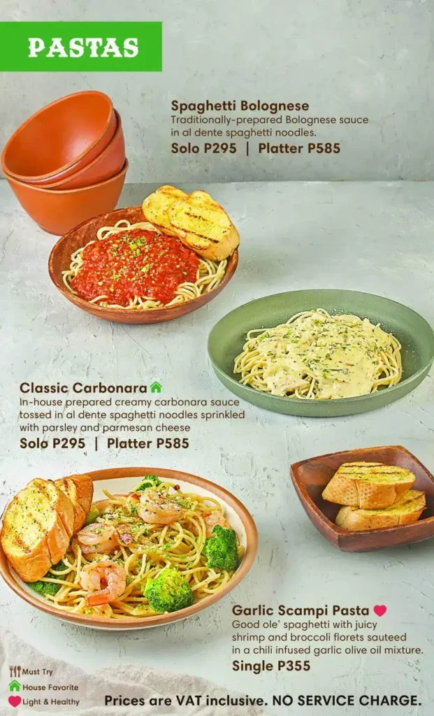 Pastas, spaghetti, platter and furthermore, a menu of racks philippines resturant.