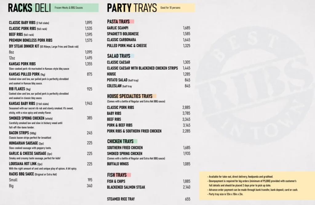 Racks Sensational Starters Menu with Prices