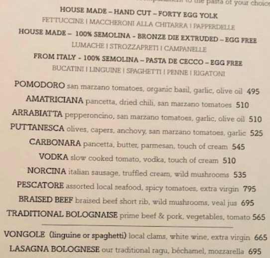 Tavolata Pastas Menu