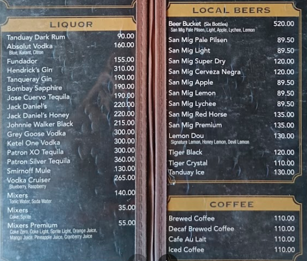 Whistlestop drinks menu