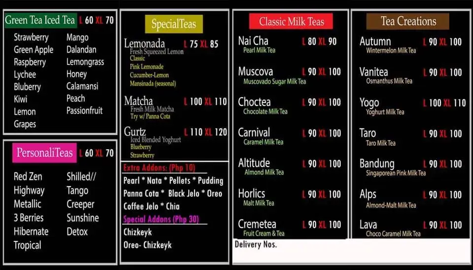 Zentea Menu prices